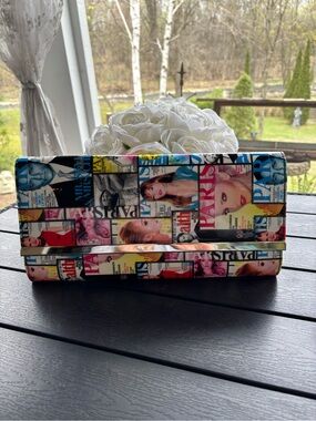 Paris Magazine Vintage Retro Multi Color Envelope Clutch Chain Handle Pop Art